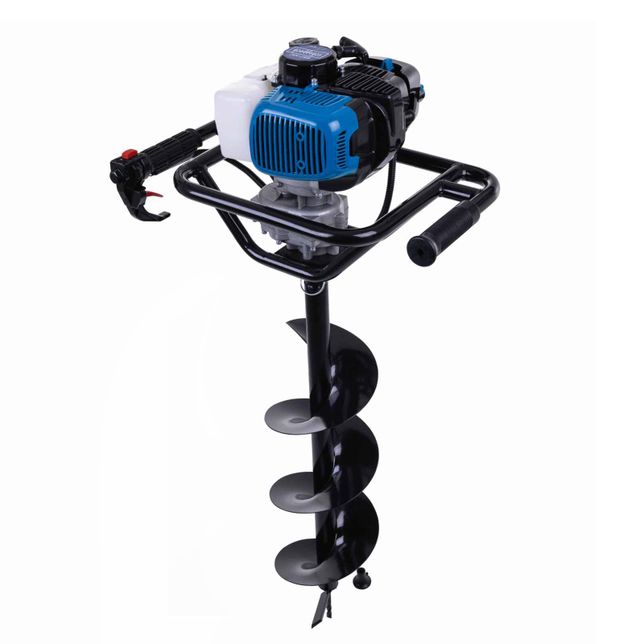 A petrol-powered earth auger with a black handle and black auger bit.